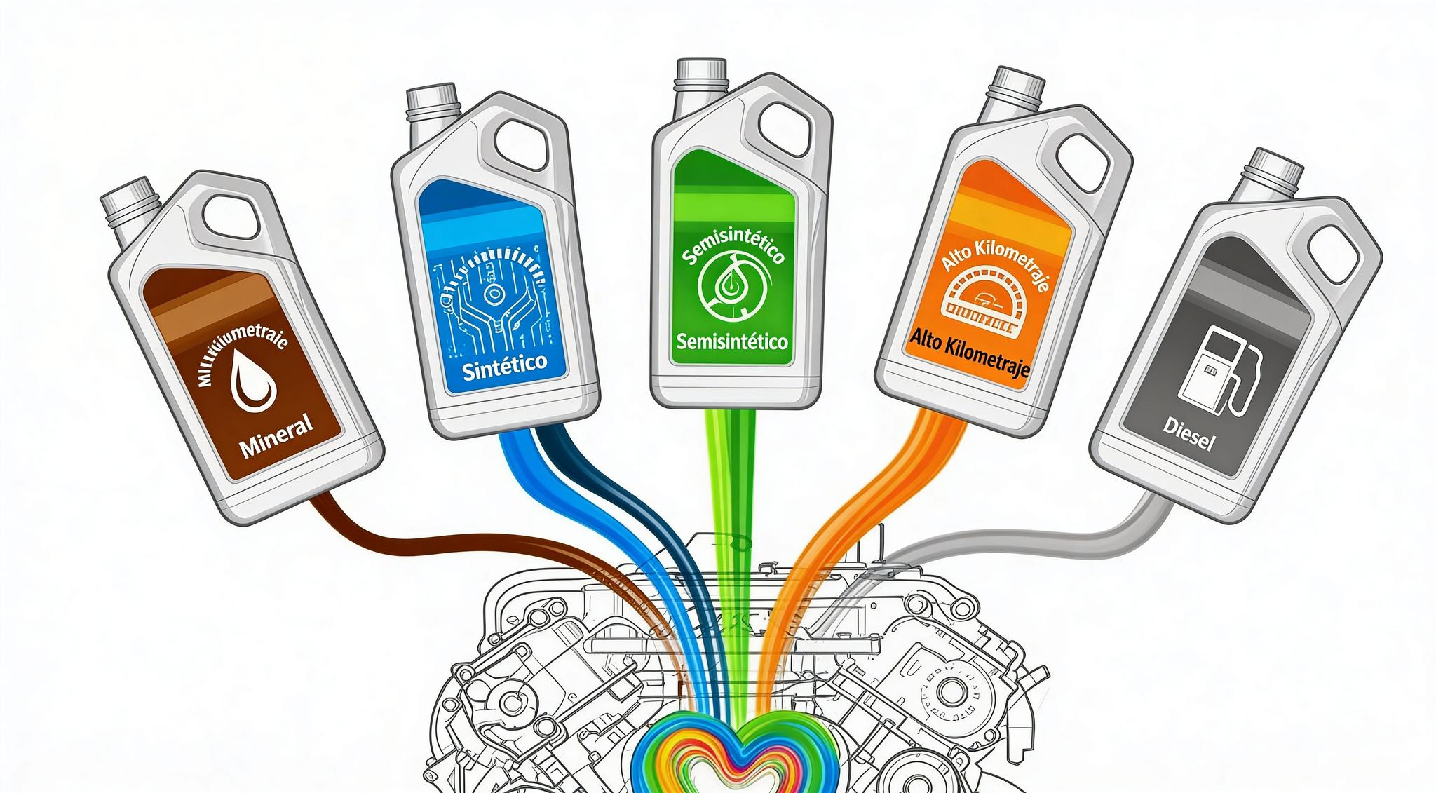Distintos tipos de aceites para motor de carro sobre fondo oscuro con envases de aceite sintético y mineral