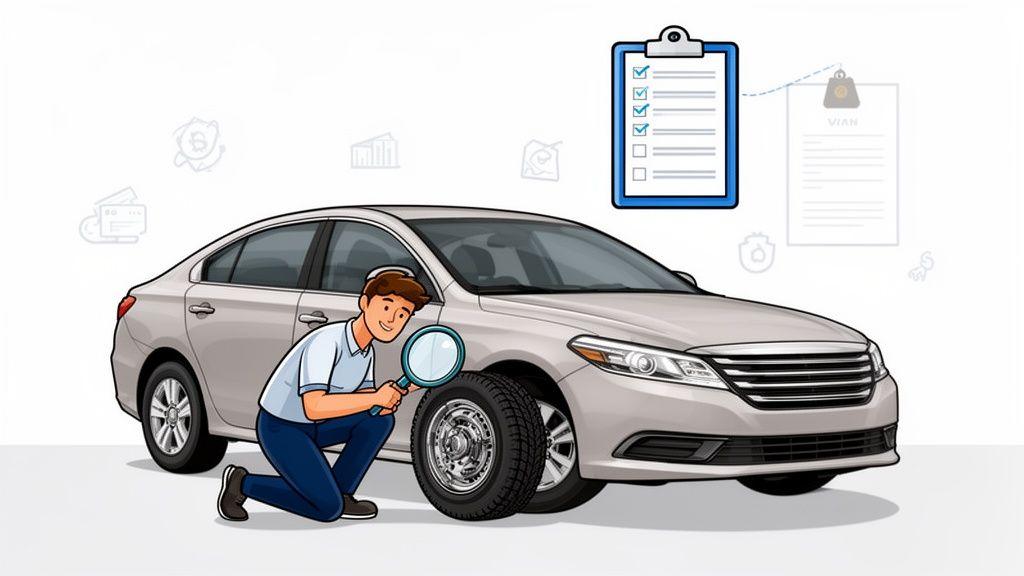 Inspector revisando la carrocería de un auto seminuevo en un lote de venta en México