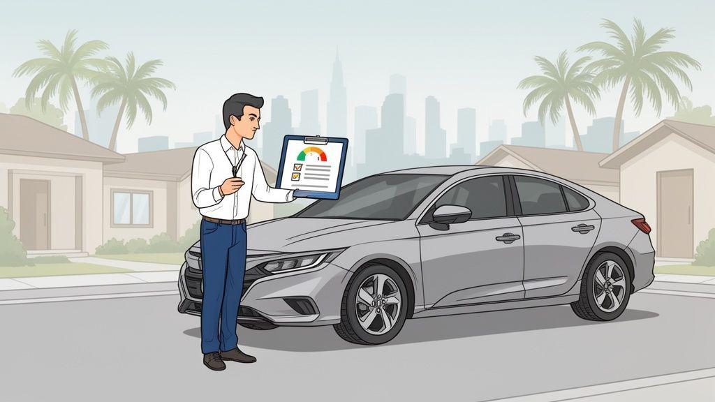 Persona revisando el valor de su auto usado en México con tablet y catálogo de precios