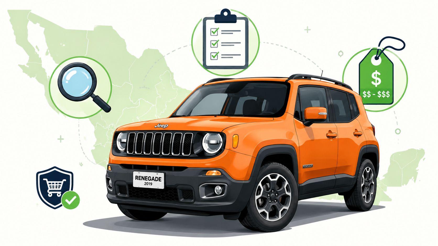 Jeep Renegade 2019 seminuevo en color gris, vista frontal en ciudad de México