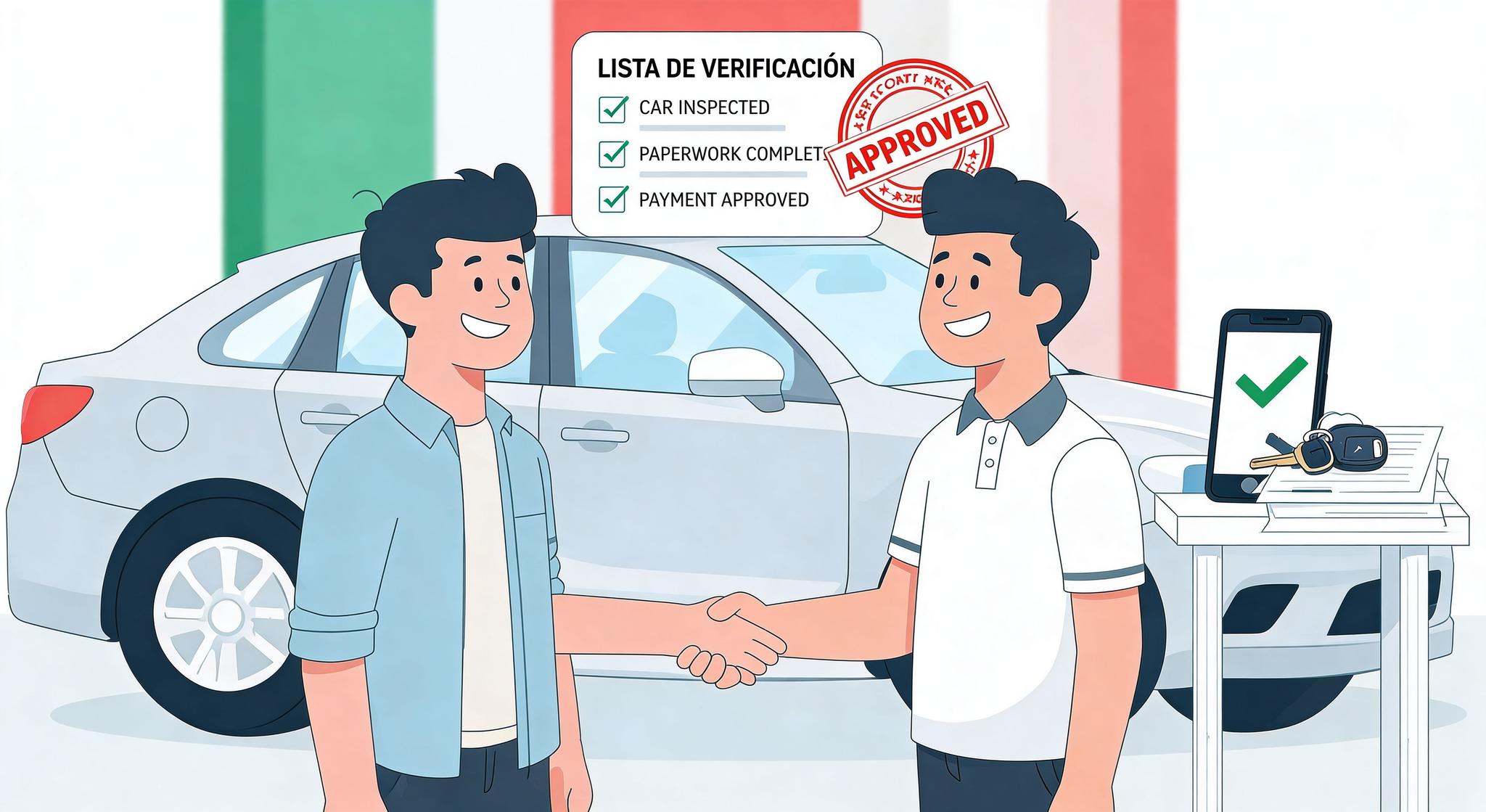 Persona revisando documentos y un auto seminuevo en agencia de Monterrey