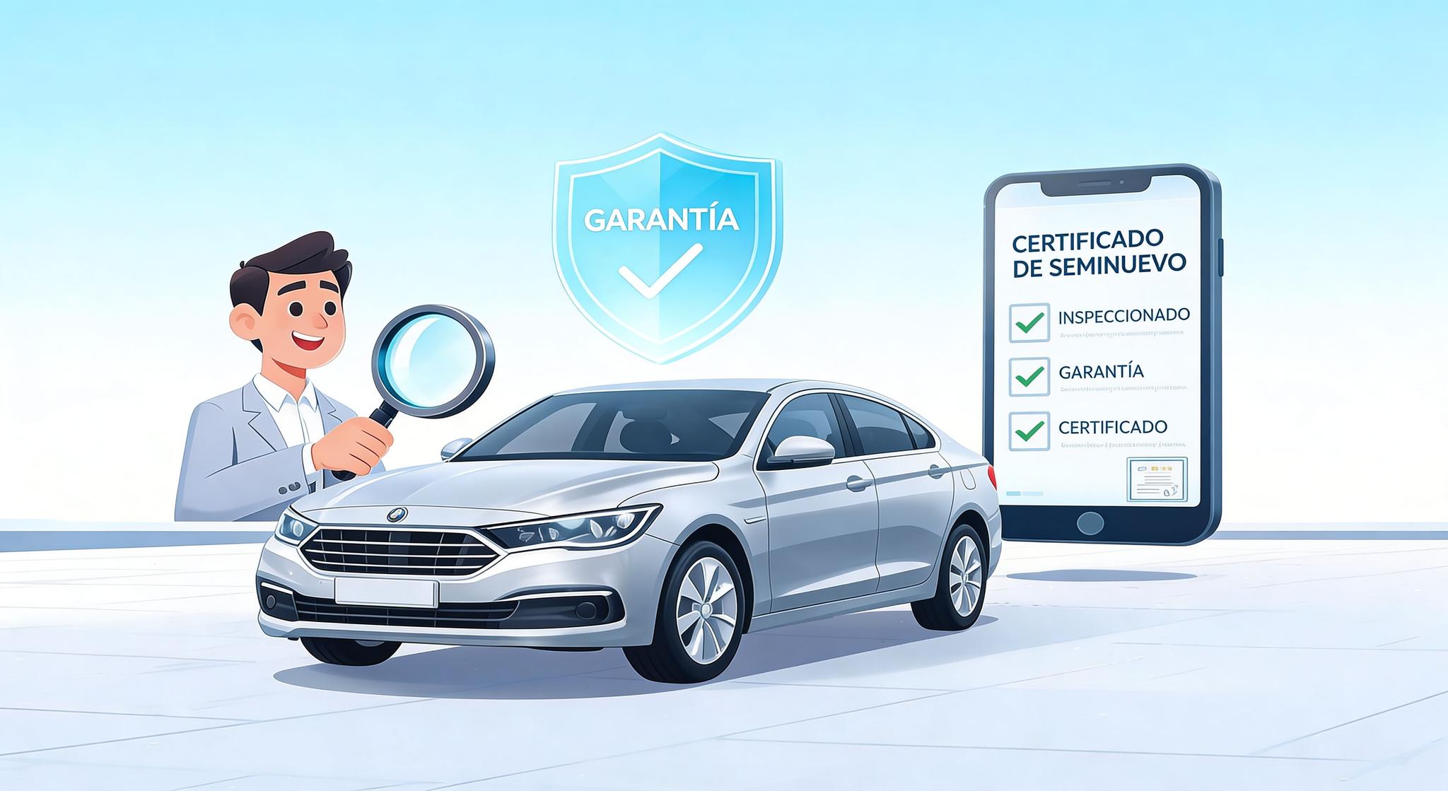 Comprador revisando un auto seminuevo garantizado en una agencia mexicana